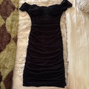 Black Off-Shoulder Ruched Mini Dress